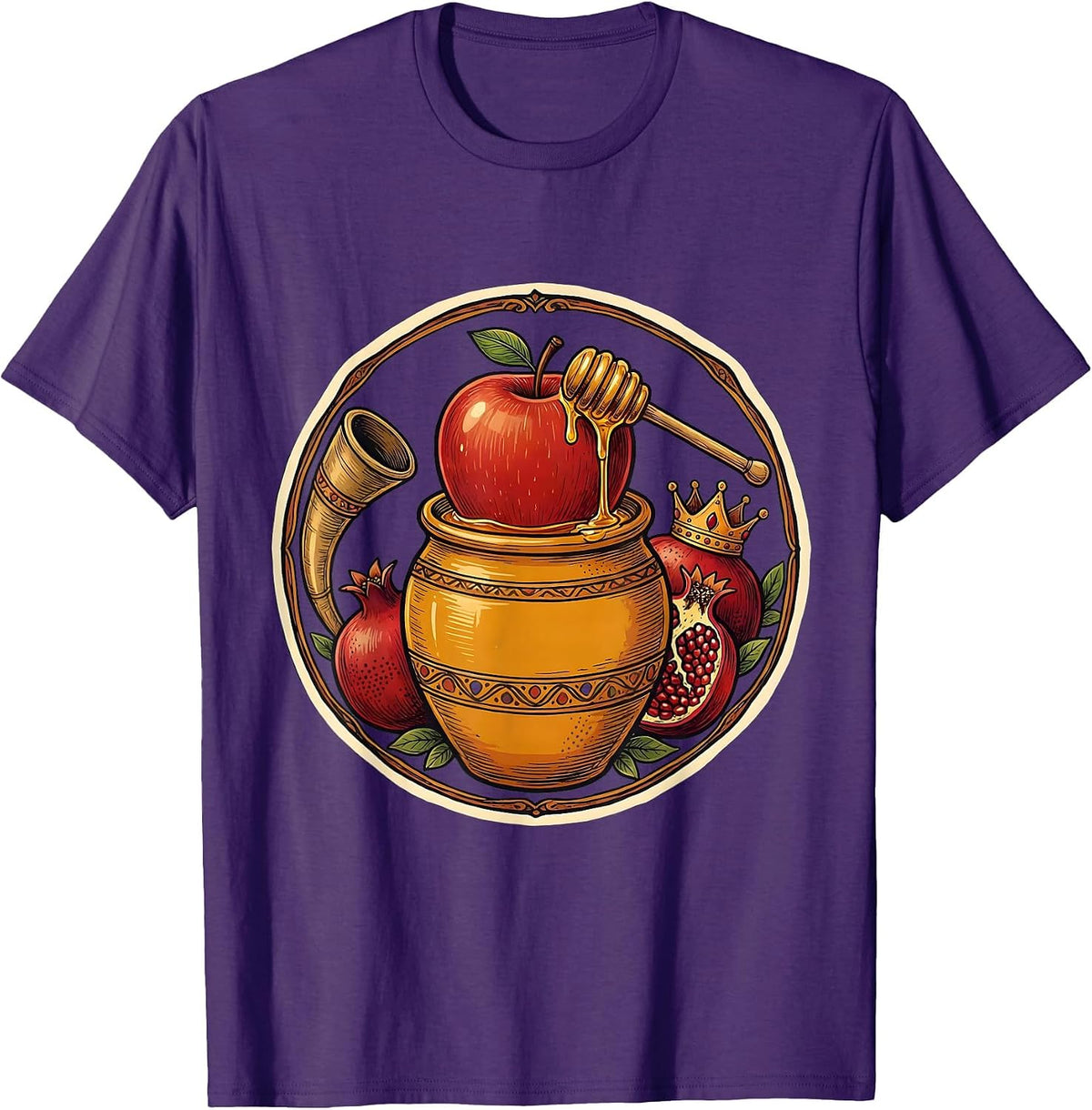 Circular Folk Apple Honey Shofar Rosh Hashanah Jewish T-Shirt - Purple
