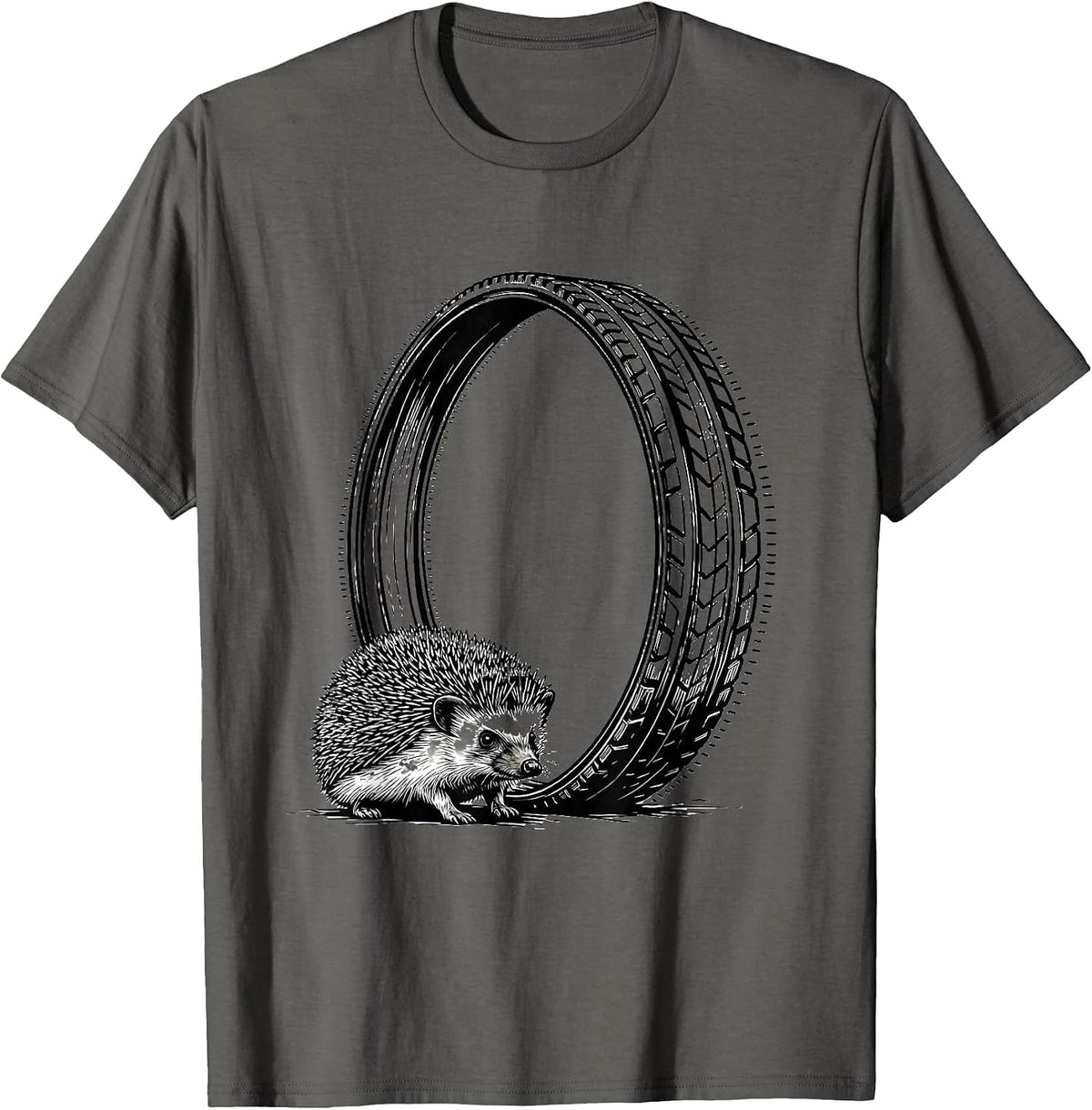 Hedgehog Wheel Track Whimsical Animal Humor T-Shirt - Asphalt Grey