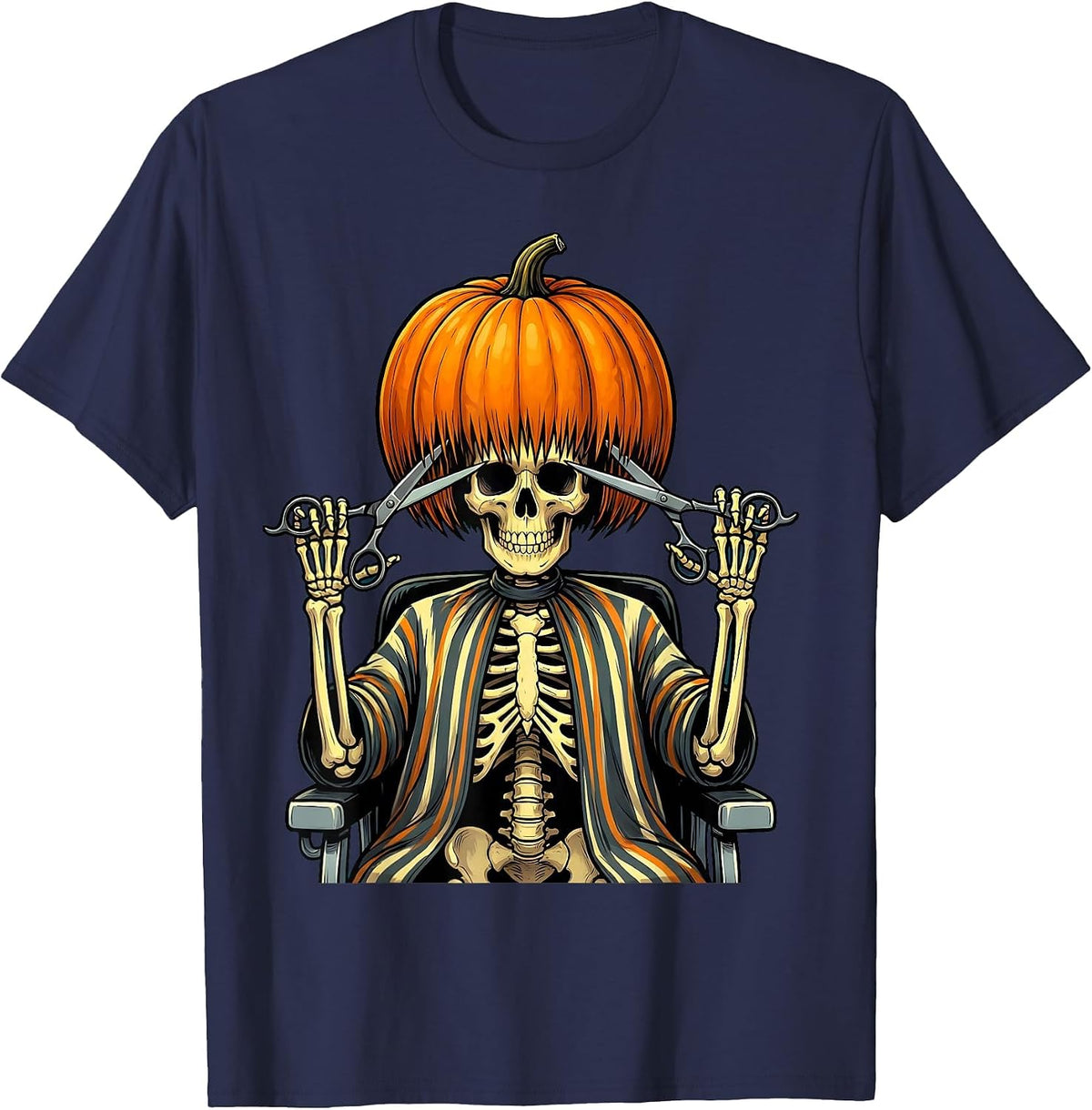 Pumpkin Skull Hairstylist Halloween Barber Humor T-Shirt - Navy Blue