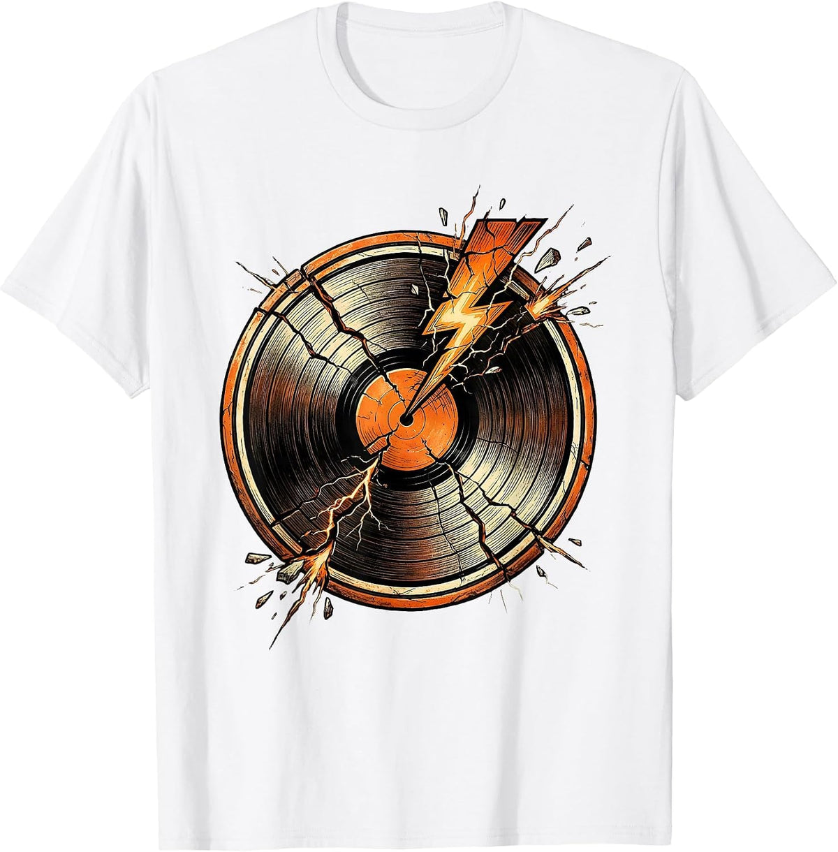 Men's Cracked Vinyl Record Lightning Strike Classic Rock Art T-Shirt - White