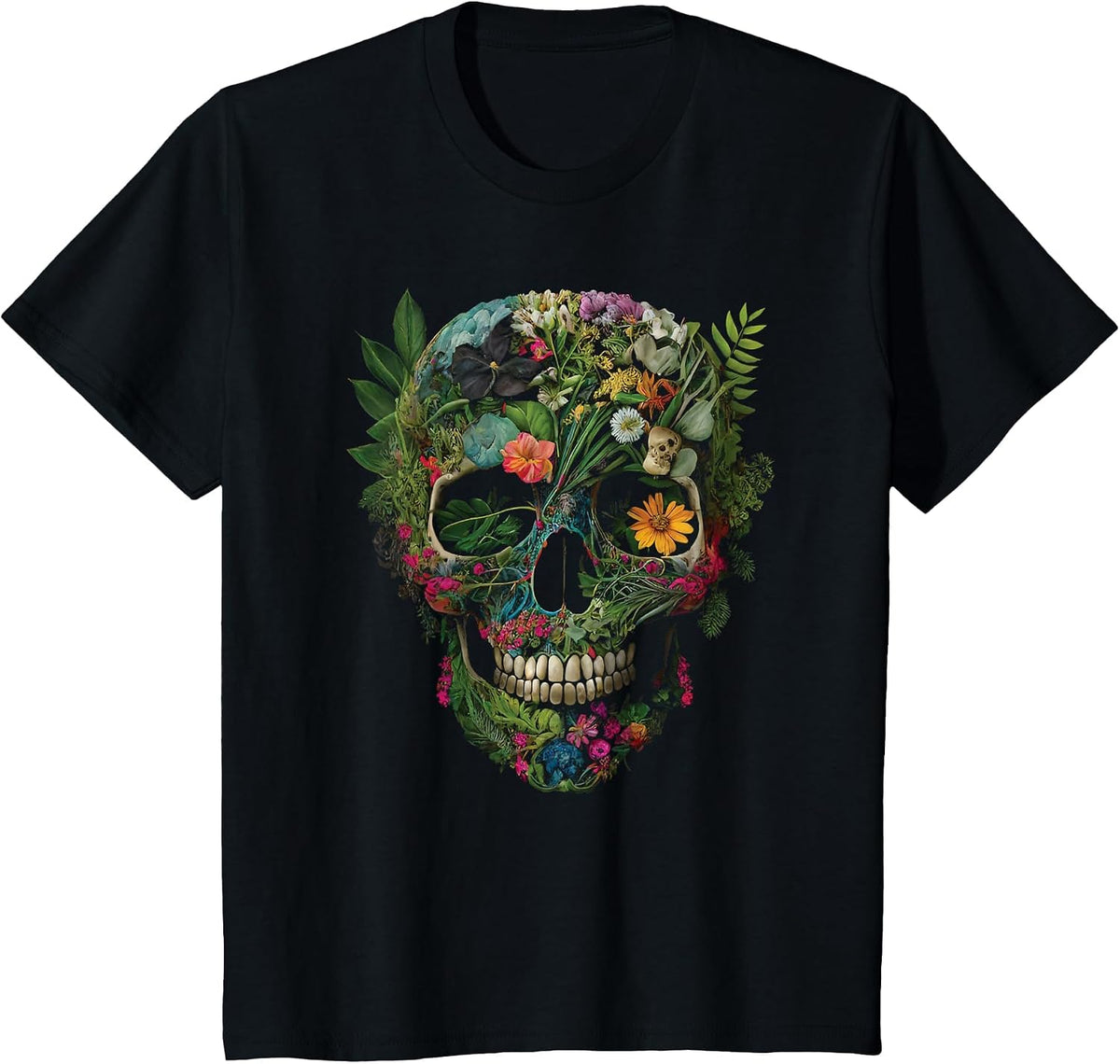 Haunted Botanical Garden Human Skull with Flowers and Plants T-Shirt - Black