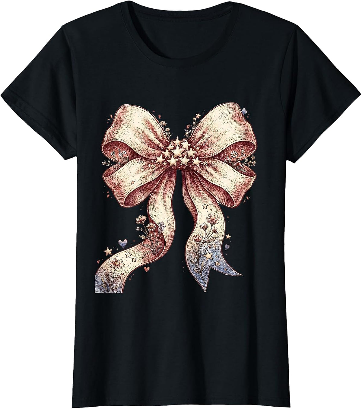 Patriotic Bow Star Cluster Red White Blue T-Shirt - Black