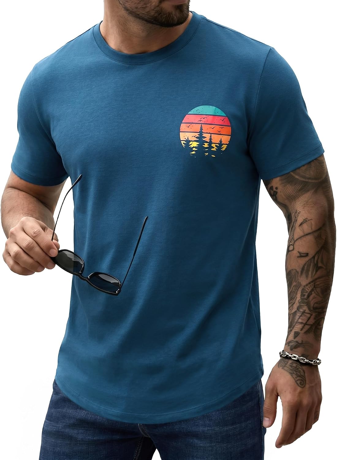 Comdecevis Men's Graphic T-Shirts Curved Hem Casual Vintage Summer Tees - Gray Blue