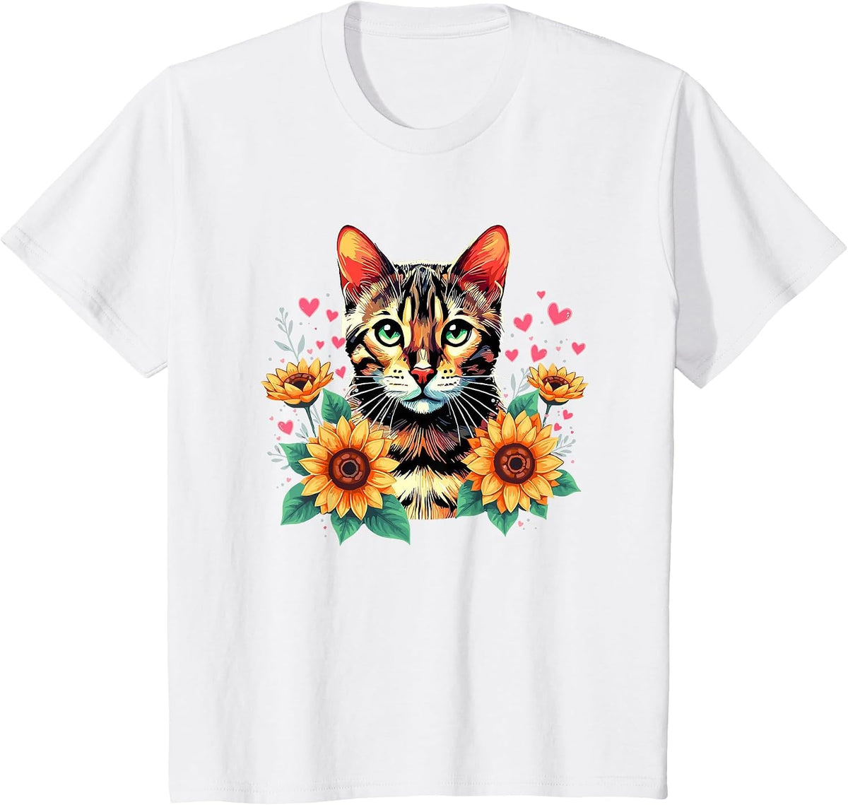 Sunflowers Bengal Cat T-Shirt - White