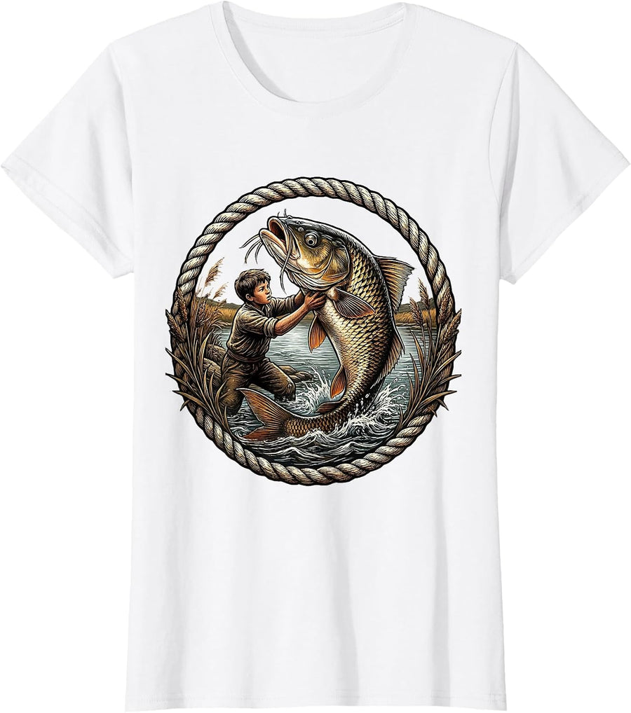 Women's Boy Pulling Massive Catfish From River Graphic T-Shirt - White