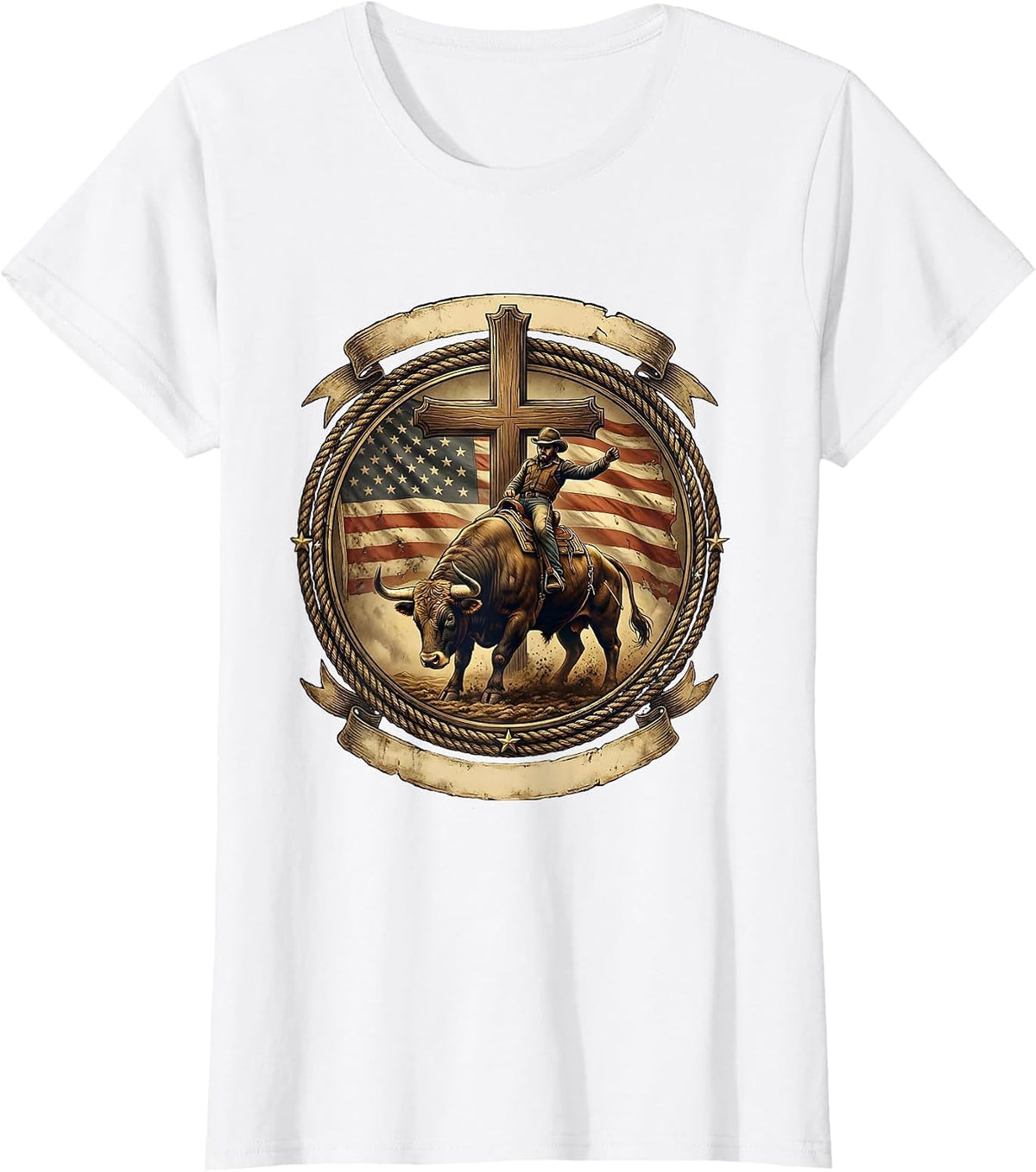 Women's Rodeo Bull Riding Graphic - USA Cowboy Bucking T-Shirt - White