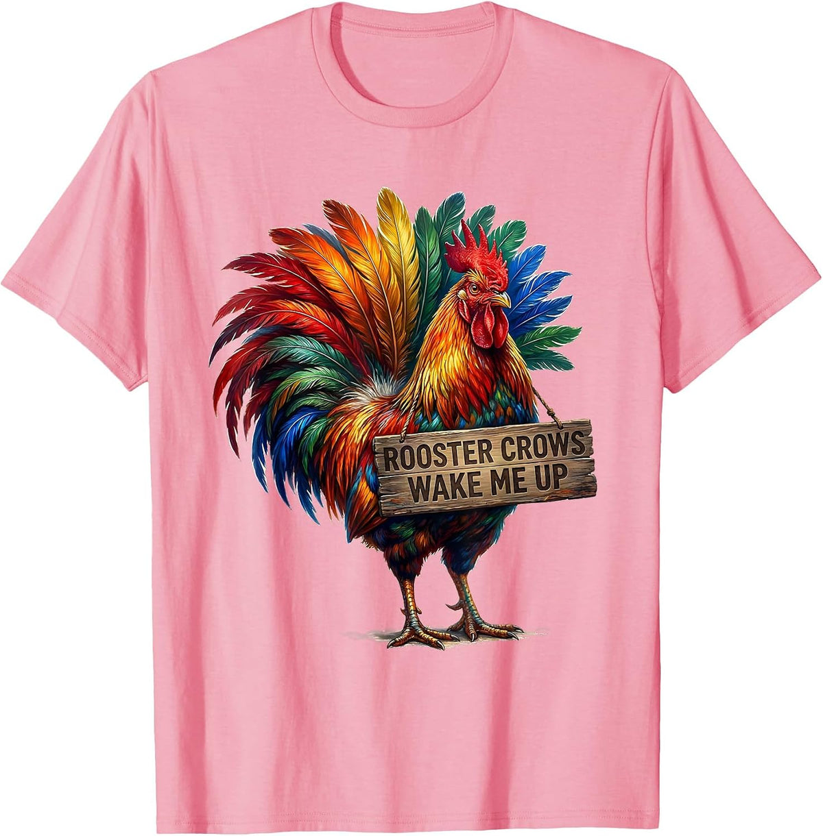 Men's Rooster Crows Wake Me Up Funny Farm Design T-Shirt - Pink