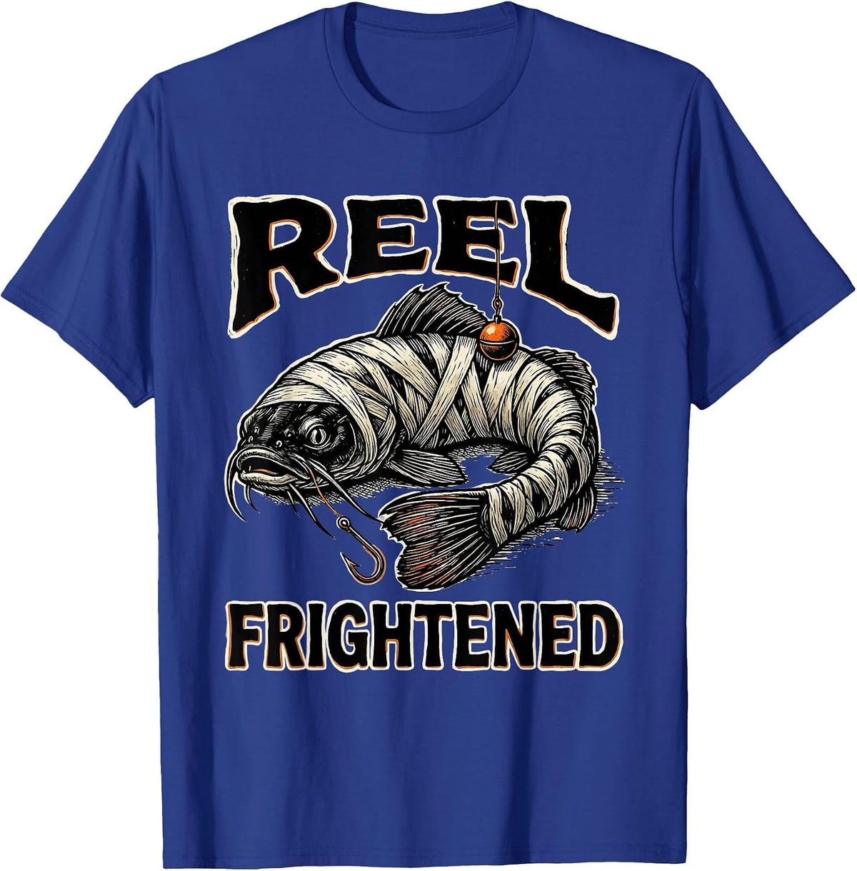Men's Reel Frightened Linocut Halloween Skeleton Fishing Humor T-Shirt - Royal Blue