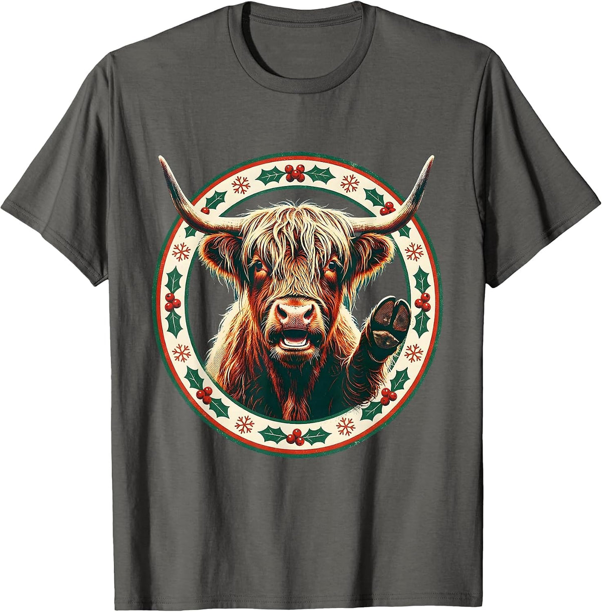 Highland Cow Holiday Badge Christmas Farm Animal Fan T-Shirt - Asphalt Grey