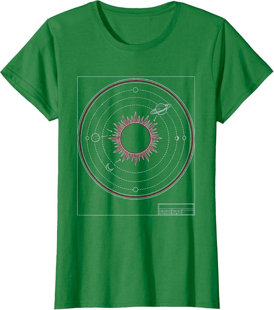 Women's Solar System Planets Orbiting Radiant Sun T-Shirt - Kelly Green