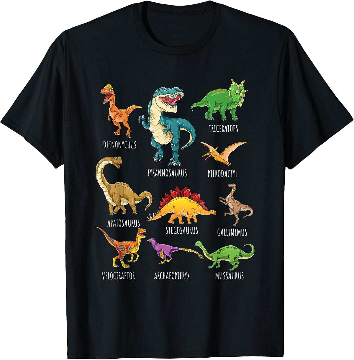 Types of Dinosaurs Graphics Dino Identification T-Shirt - Black