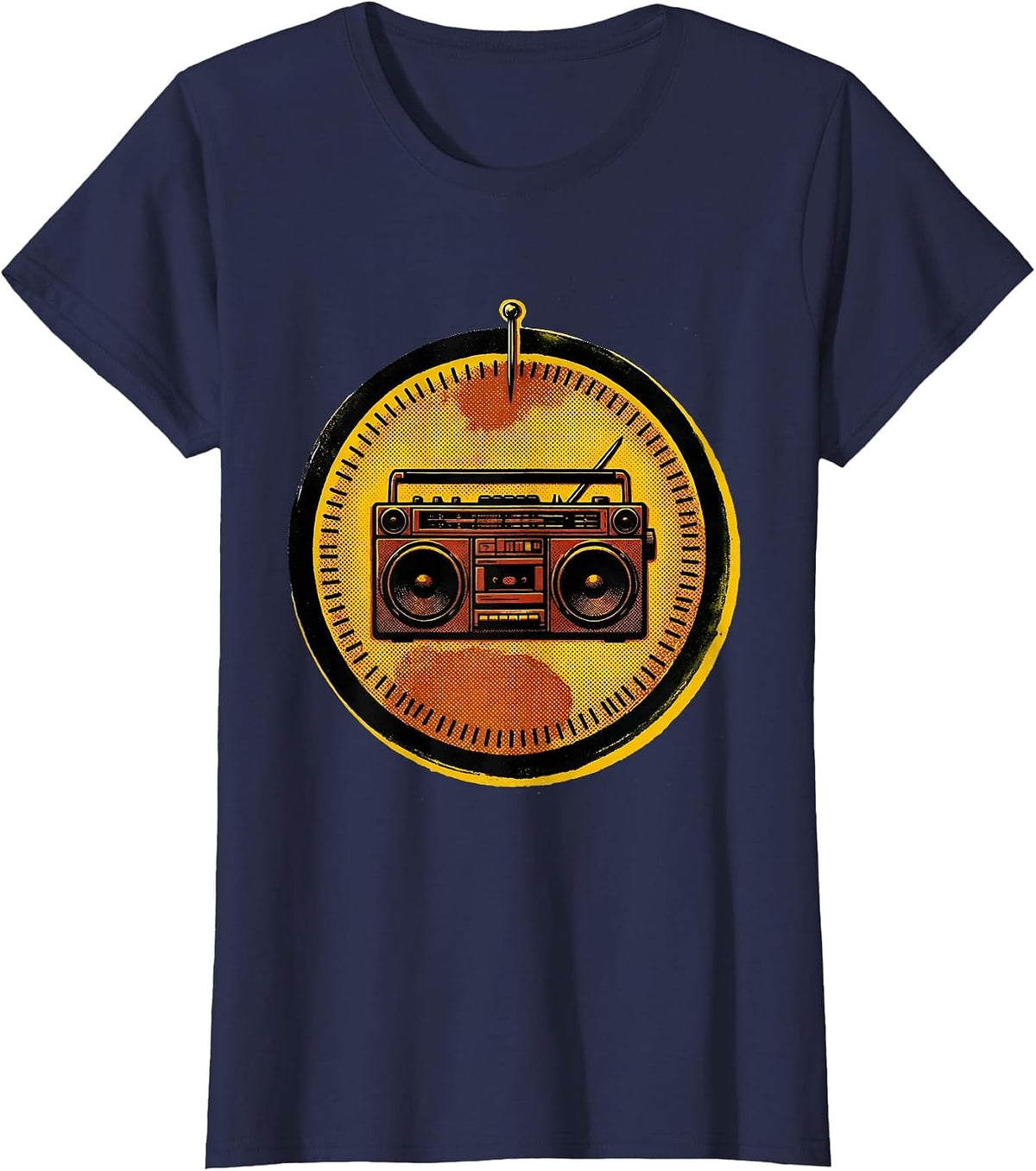 Women's Sealed Badge Boombox Retro Old School Hip Hop T-Shirt - Navy Blue