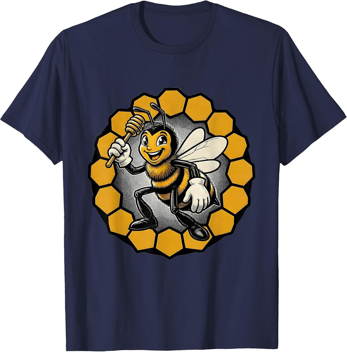Men's Retro Cartoon Honeybee Character Novelty Humor T-Shirt - Navy Blue