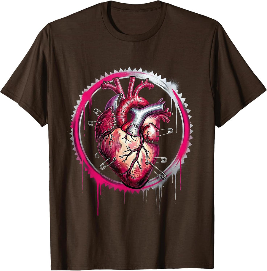 Punk Stitched Heart With Staples and Pins T-Shirt - Brown