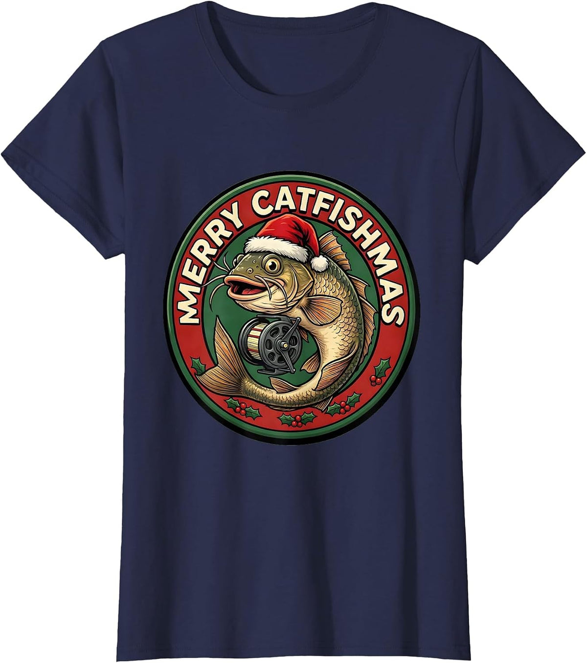 Women's Merry Catfishmas Funny Fishing Christmas Ugly Sweater Dad T-Shirt - Navy Blue