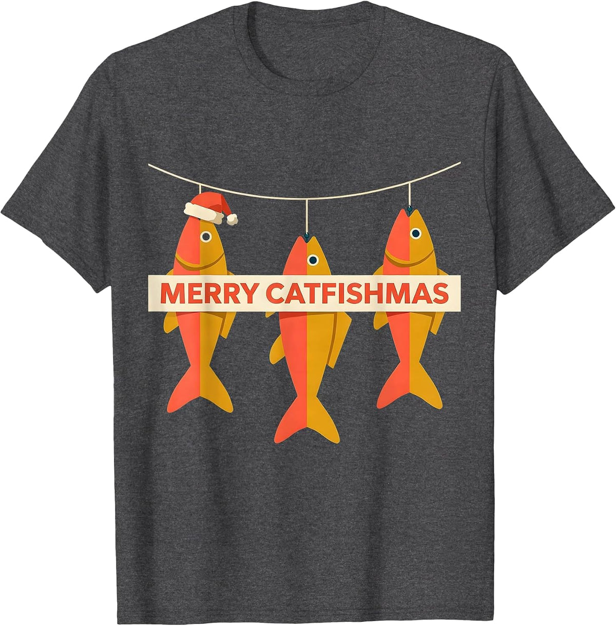 Merry Catfishmas Midcentury Modern Fishing Humor Christmas T-Shirt - Dark Heather Grey