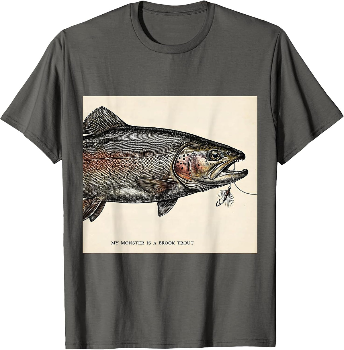 Men's My Monster Is A Brook Trout Spooky Halloween Fishing Humor T-Shirt - Asphalt Grey