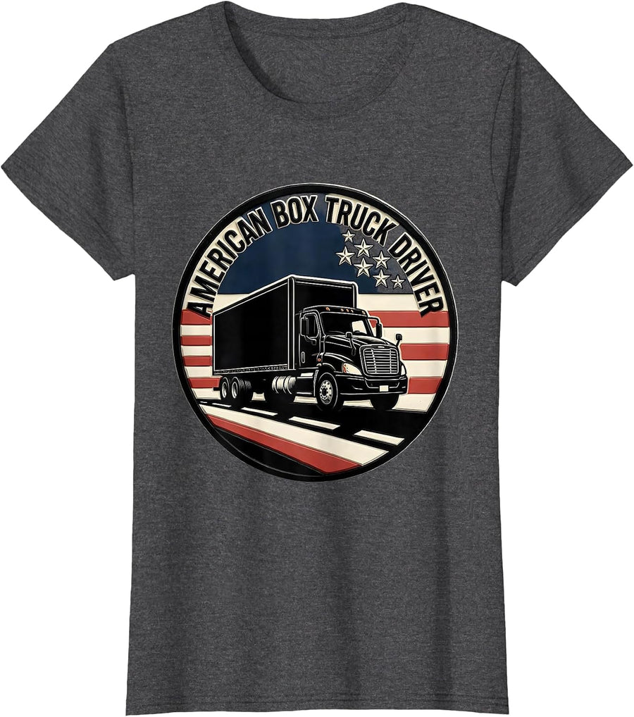 Women's American Box Truck Driver Patriotic Trucker Pride Linocut T-Shirt - Dark Heather Grey