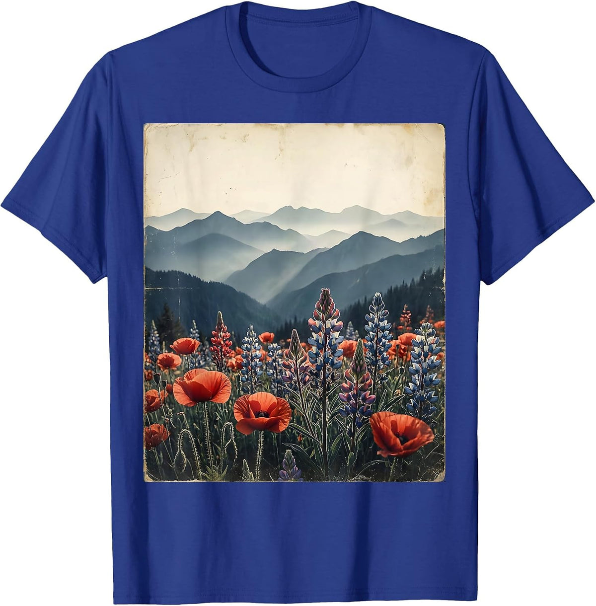 Blue Mountains Red Wildflowers Scenic Nature Design T-Shirt - Royal Blue