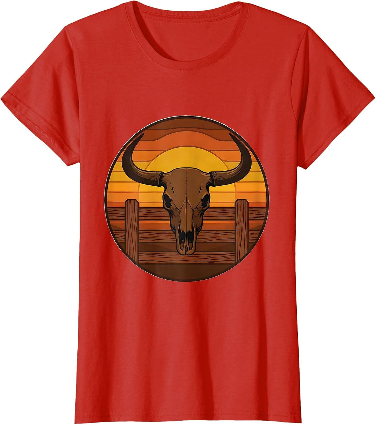 Women's Bull Horns Bursting Through Fence Rodeo Graphic T-Shirt - Red