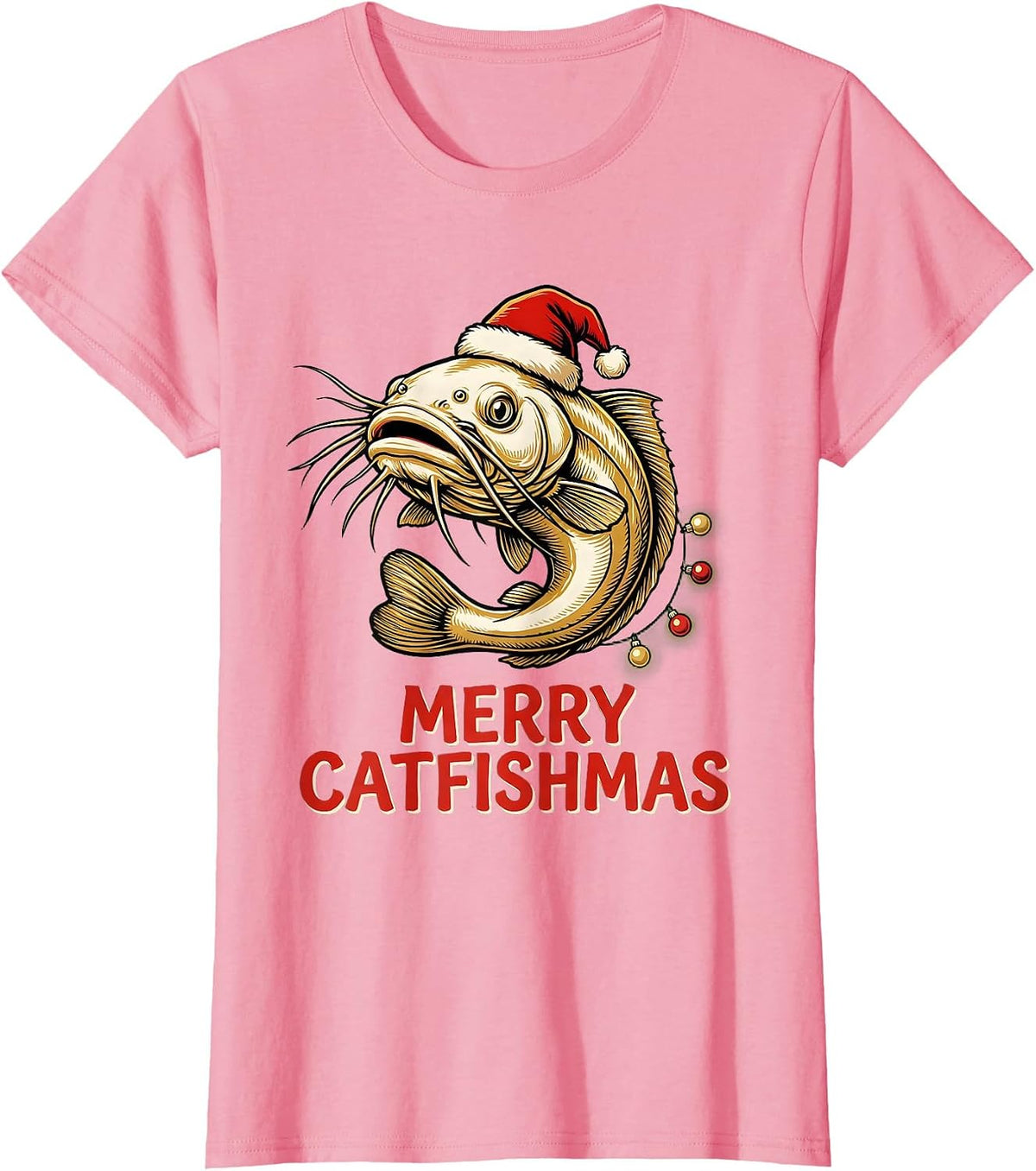 Women's Merry Catfishmas Funny Christmas Fishing Ugly Sweater T-Shirt - Pink