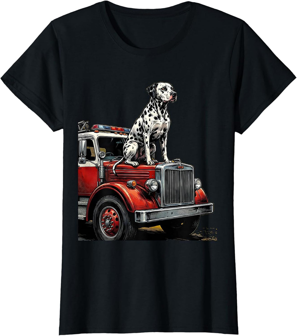 Firefighter Dalmatian Dog on Fire Truck Graphic T-Shirt - Black
