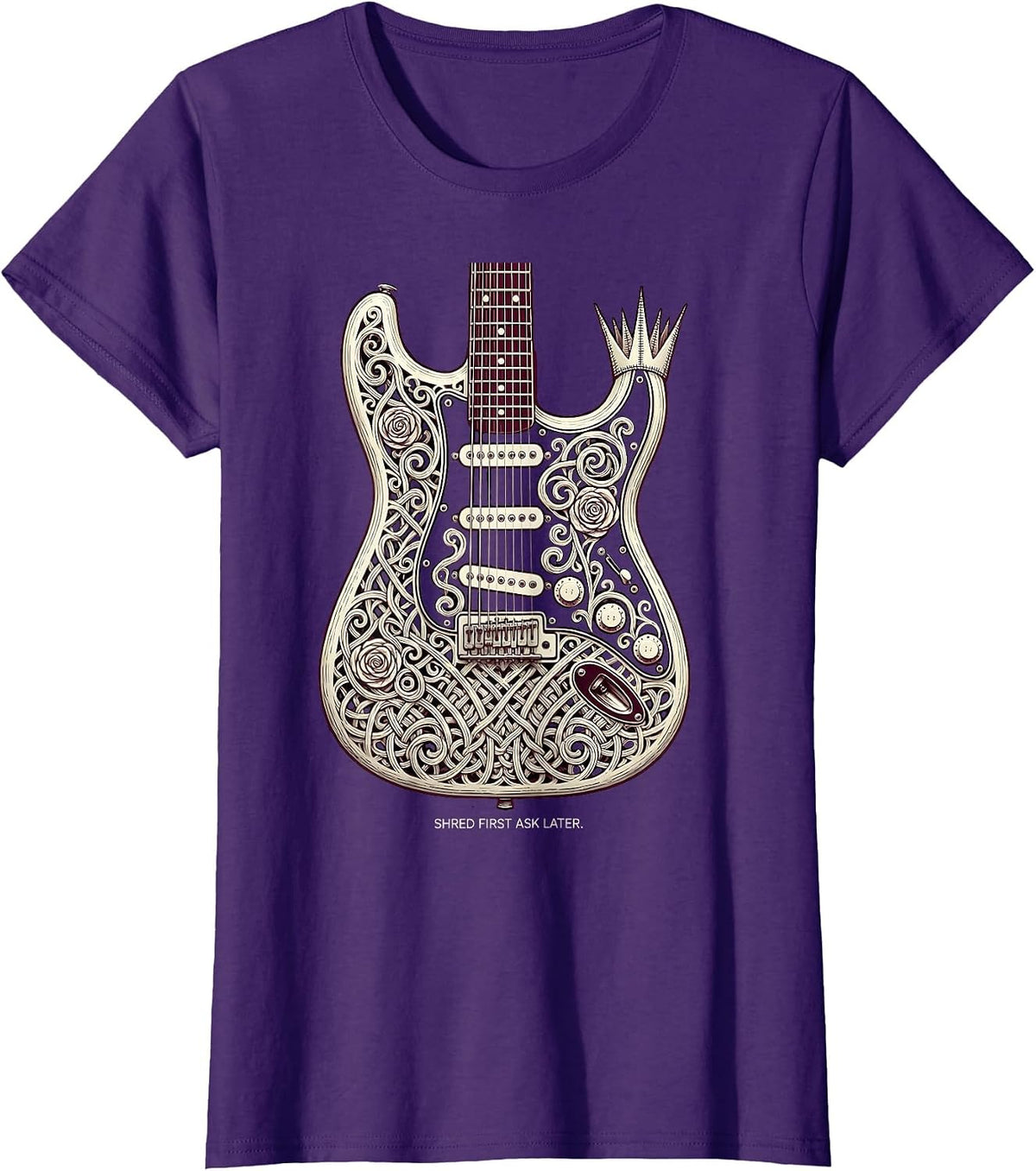 Women's Shred First Ask Later Heavy Metal Guitar Design T-Shirt - Purple