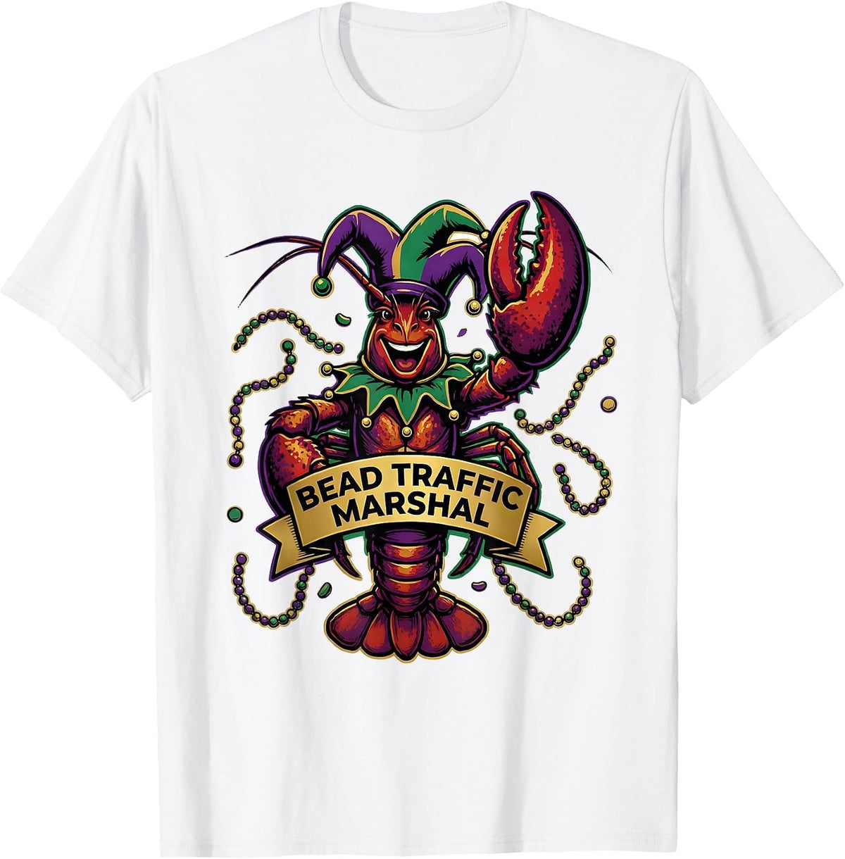 Men's Bead Traffic Marshal Funny Crawfish Jester Mardi Gras Party T-Shirt - White