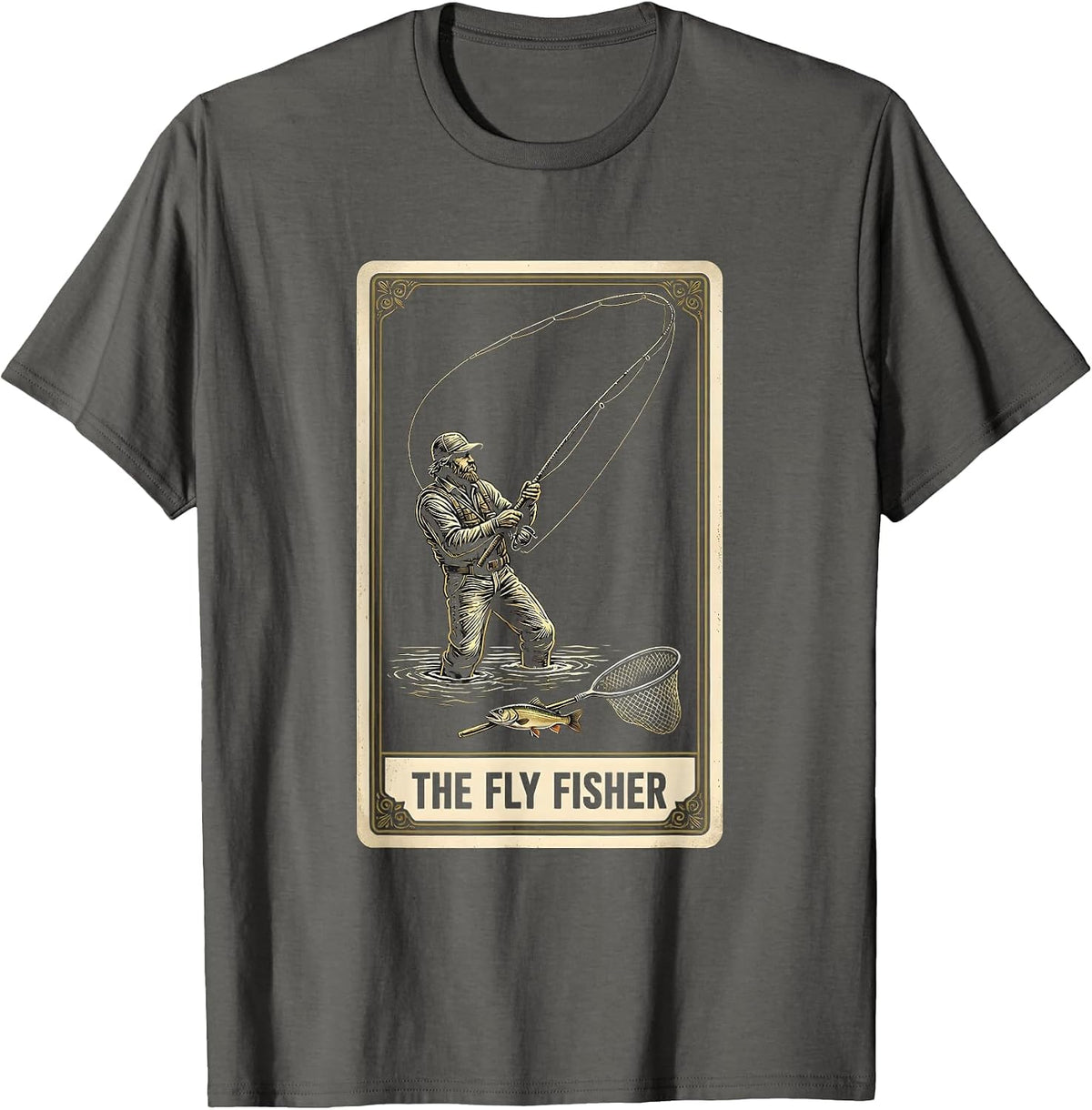 Men's The Fly Fisher Tarot Card Vintage Fishing Gift T-Shirt - Asphalt Grey