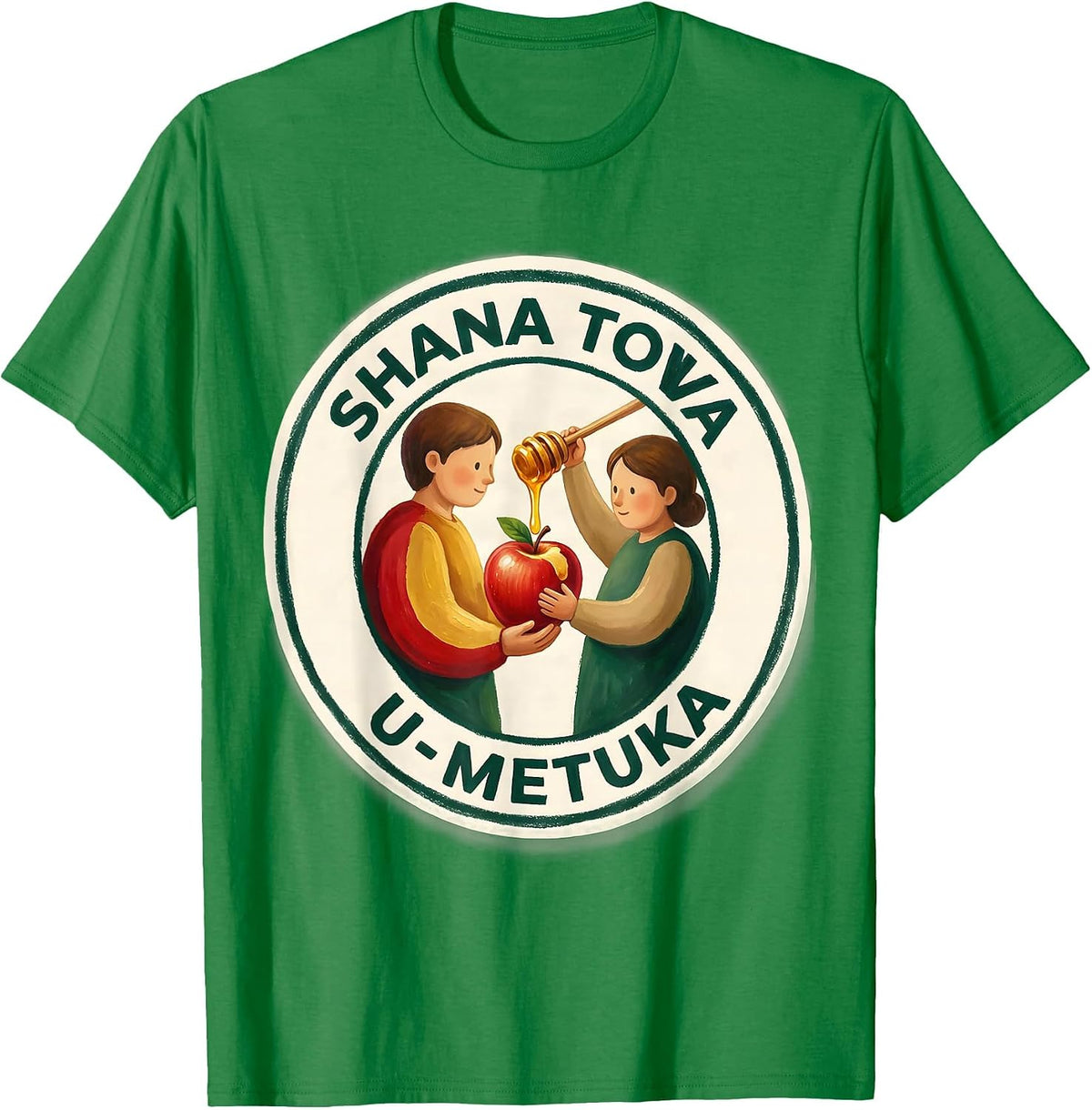 Men's Shana Tova U'Metuka Storybook Rosh Hashanah Apple Honey Pun T-Shirt - Kelly Green