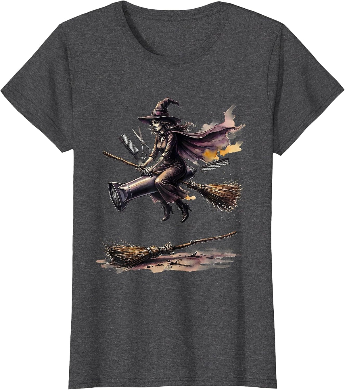 Women's Hairstylist Witch Halloween Occupation Humor Watercolor T-Shirt - Dark Heather Grey