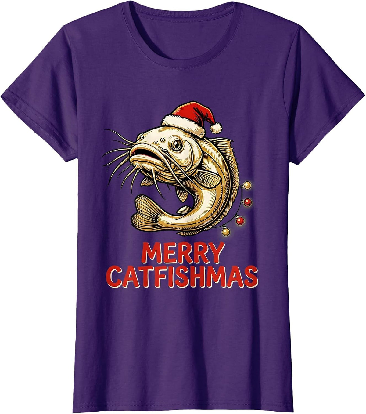 Women's Merry Catfishmas Funny Christmas Fishing Ugly Sweater T-Shirt - Purple