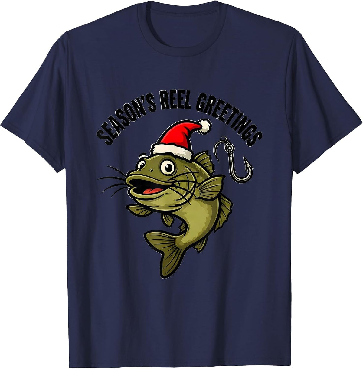 Season's Reel Greetings Cartoon Fishing Christmas Funny T-Shirt - Navy Blue