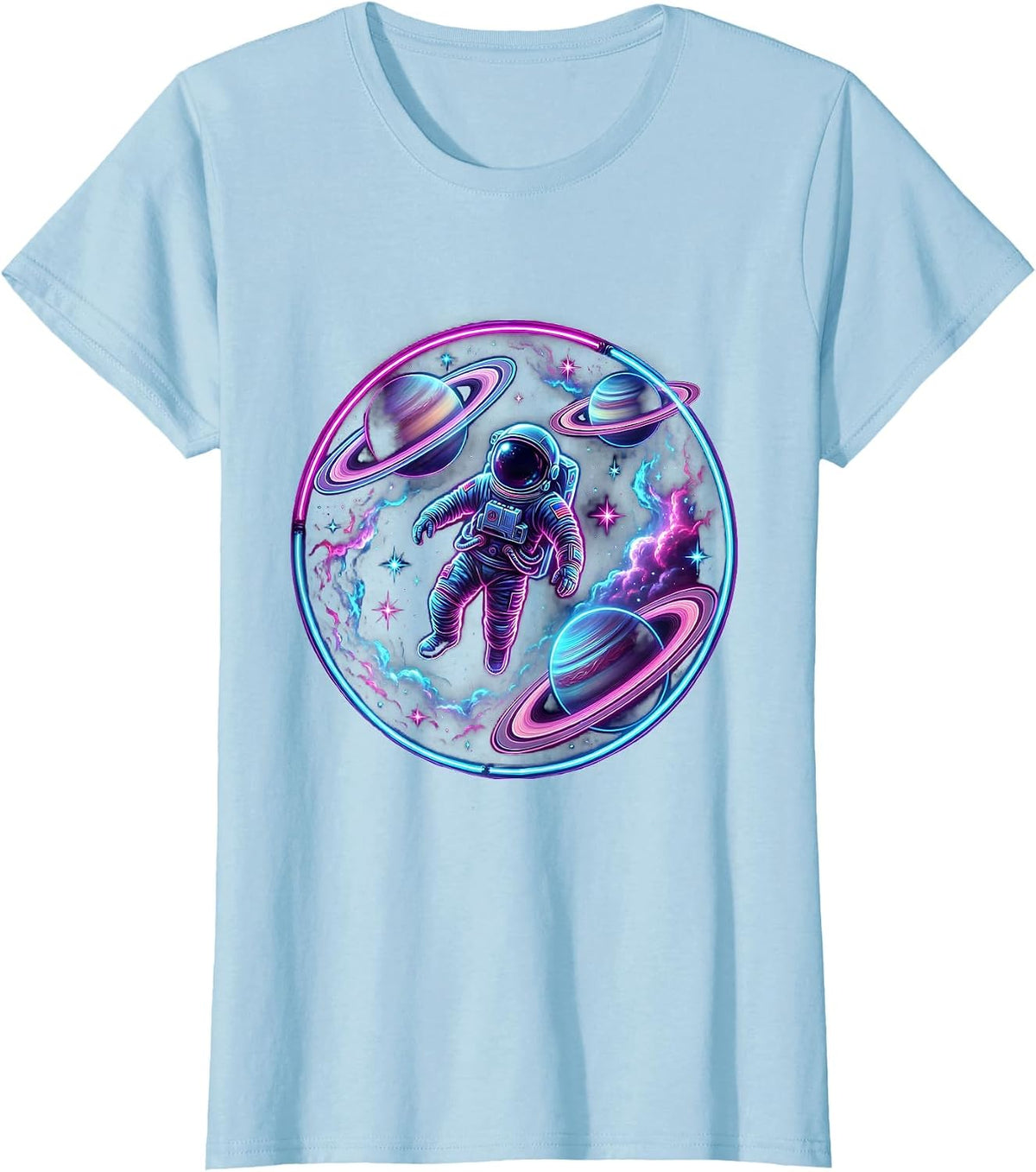 Astronaut Floating Through Colorful Nebula Clouds T-Shirt - Baby Blue