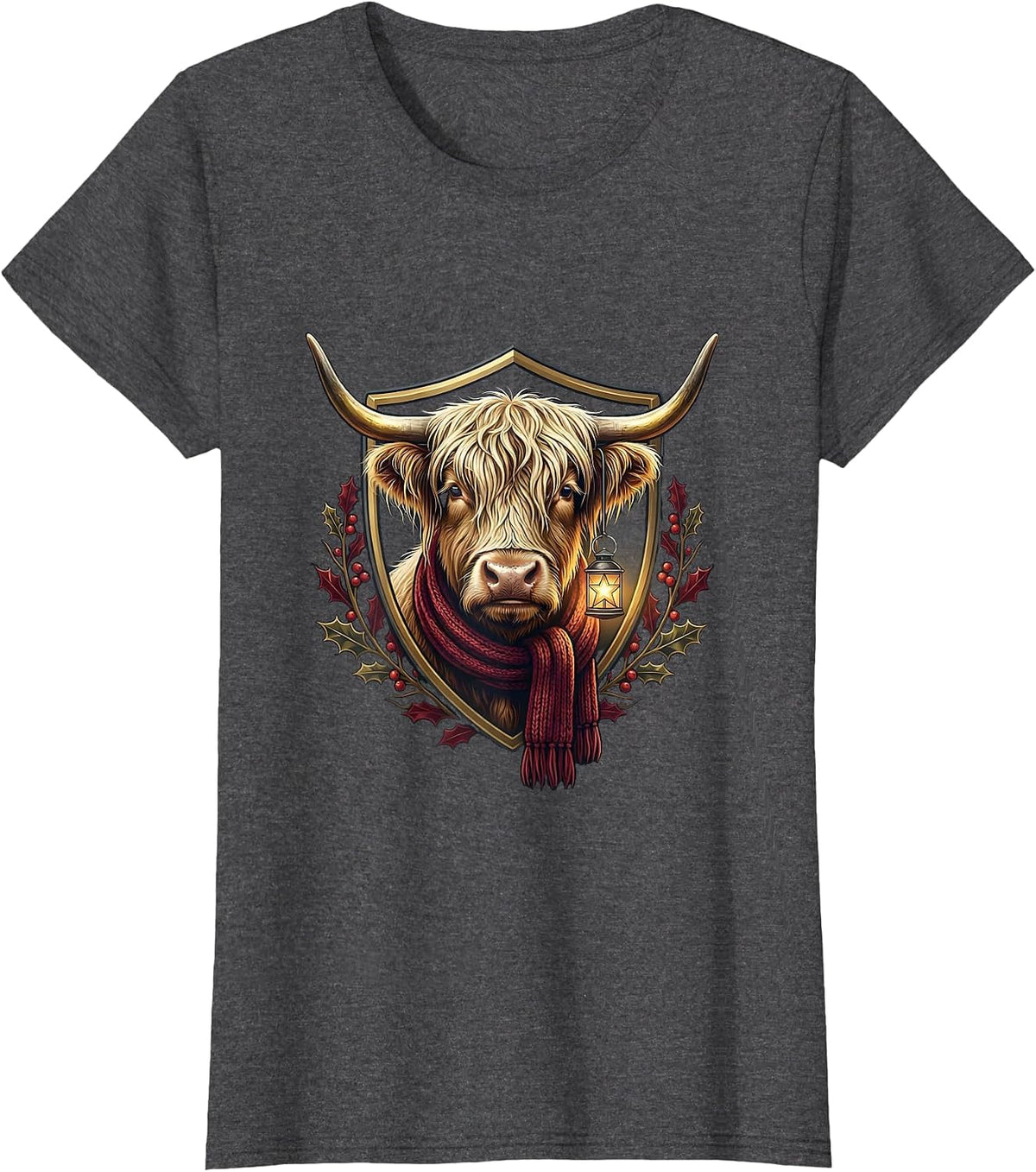 Women's Scottish Highland Cow Cozy Scarf Christmas Emblem T-Shirt - Dark Heather Grey