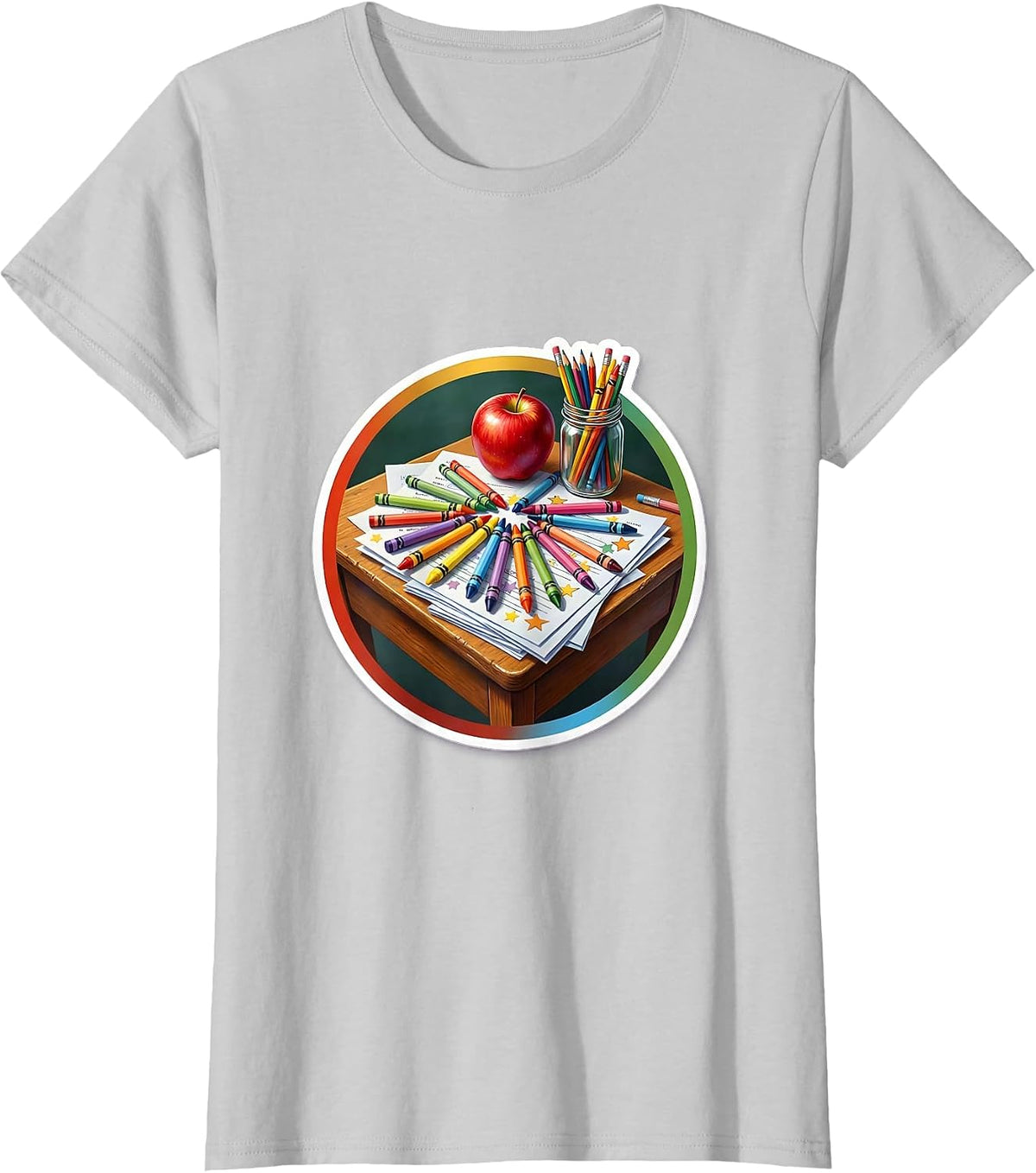 Women's Elementary Teacher Crayon Desk Graphic Tee T-Shirt - Silver Grey