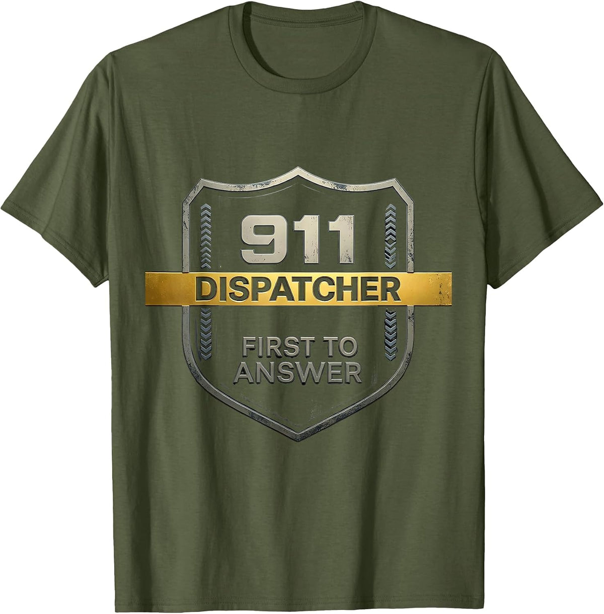 911 Dispatcher First To Answer Thin Gold Line Tribute T-Shirt - Olive Green