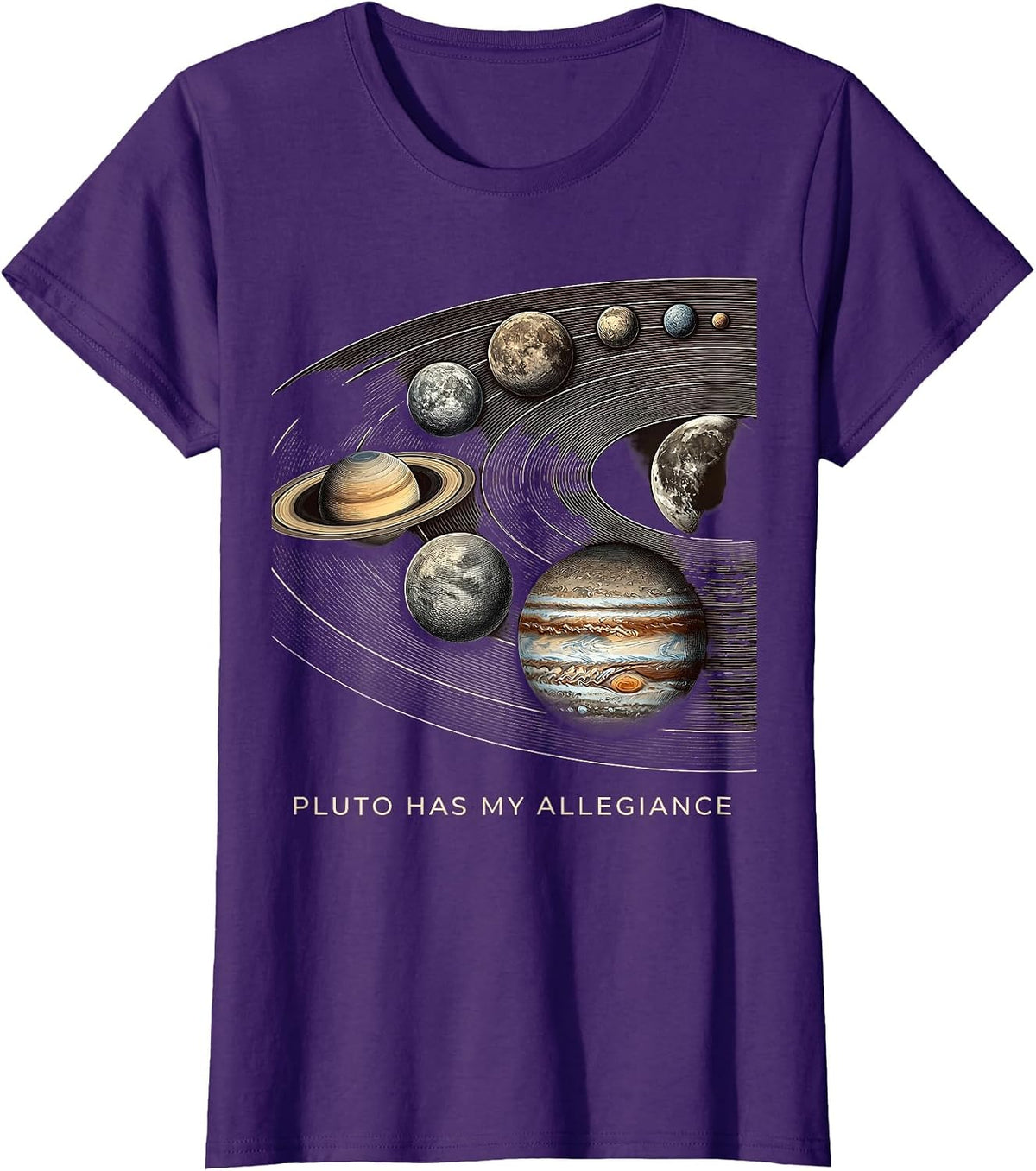 Women's Pluto Has My Allegiance Funny Solar System Space Humor T-Shirt - Purple