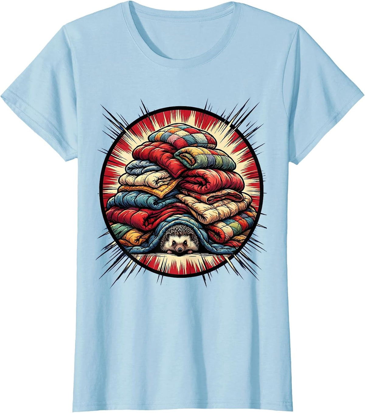 Women's Cozy Hedgehog Hiding Under Blanket Pile T-Shirt - Baby Blue