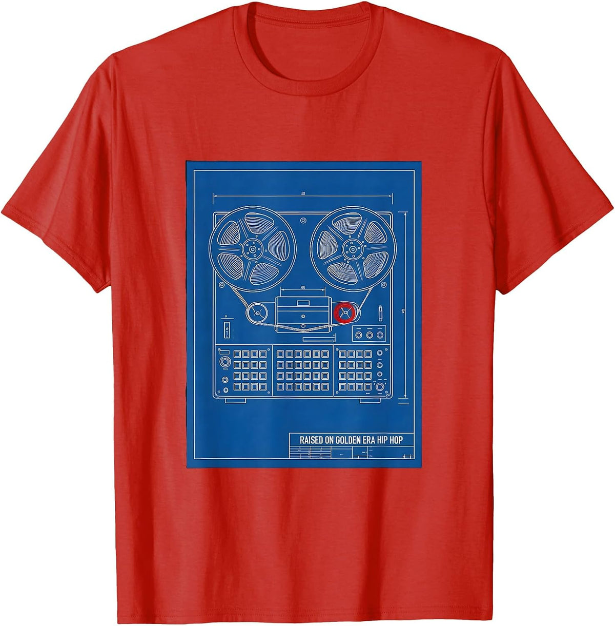 Men's Raised On Golden Era Hip Hop Technical Blueprint Cassette T-Shirt - Red