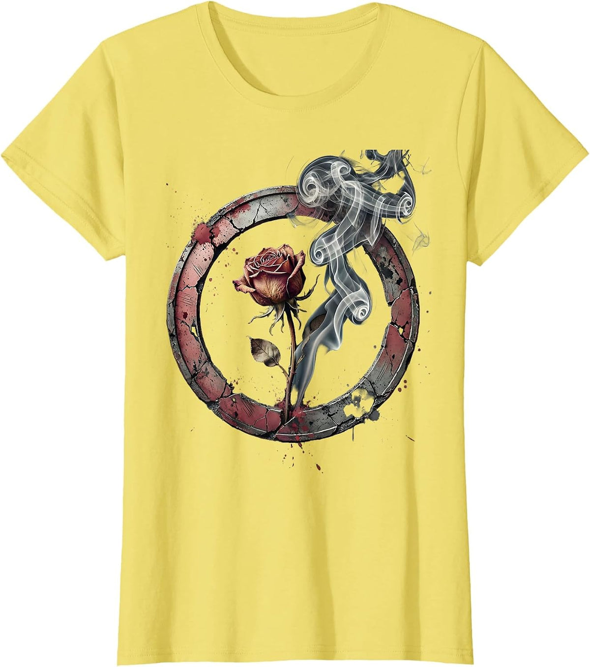 Wilting Rose Black Smoke Emo Gothic Design T-Shirt - Lemon Yellow