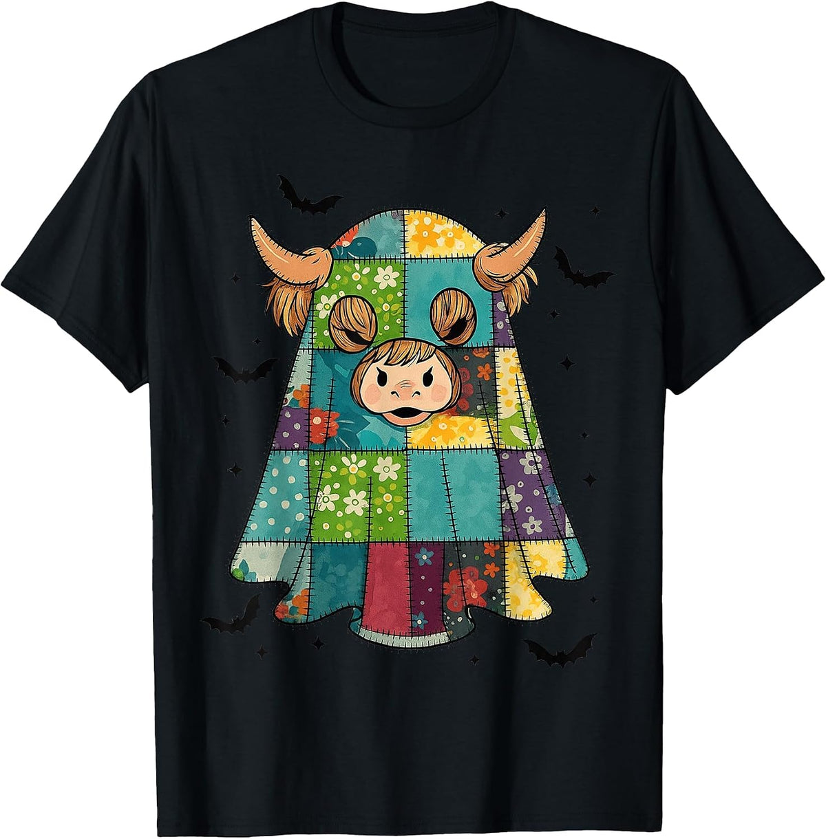 Halloween Patchwork Ghost Highland Cow Quilt Pattern T-Shirt - Black