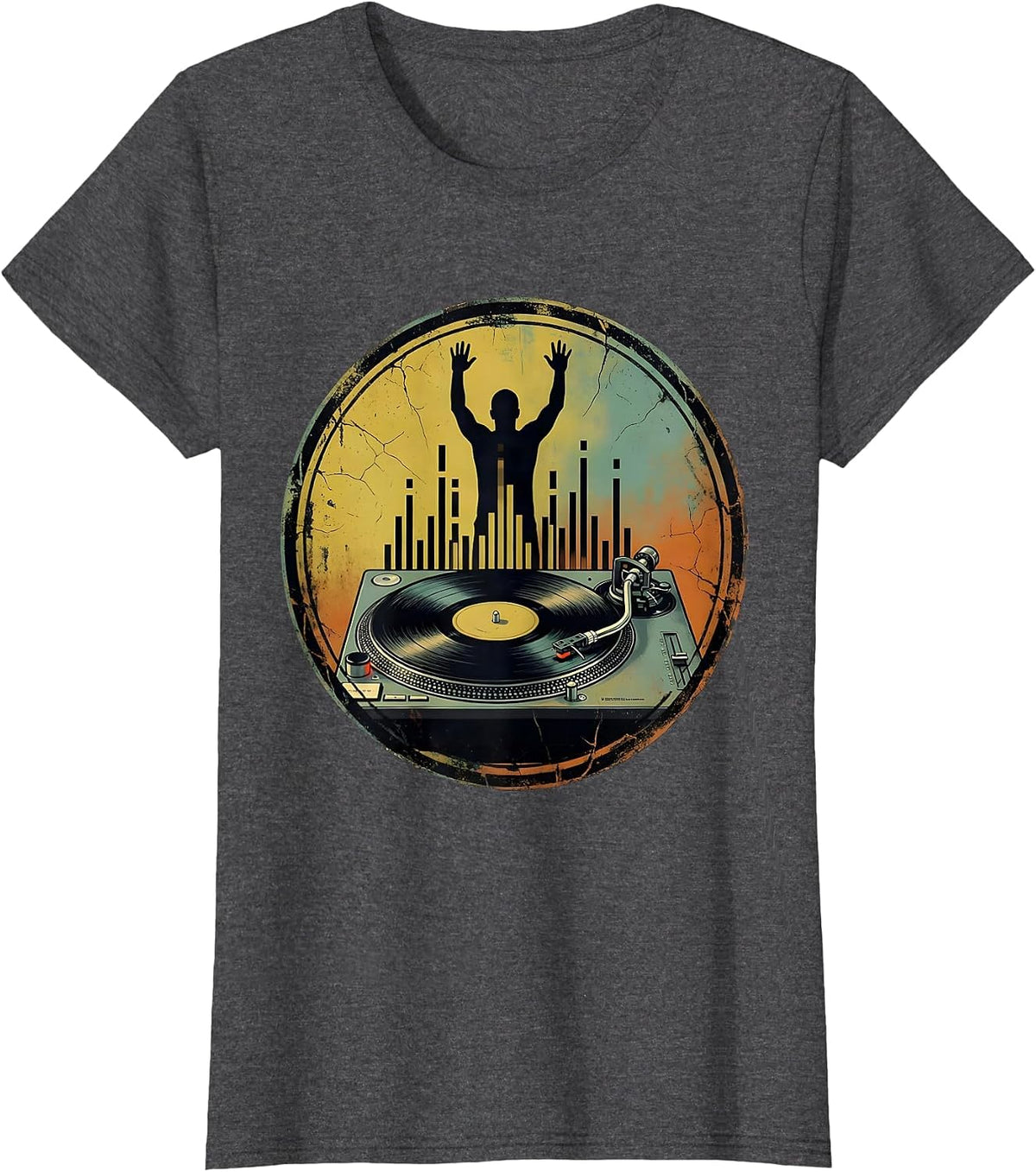 Women's Sealed Vintage Turntable Hip Hop Retro Streetwear T-Shirt - Dark Heather Grey