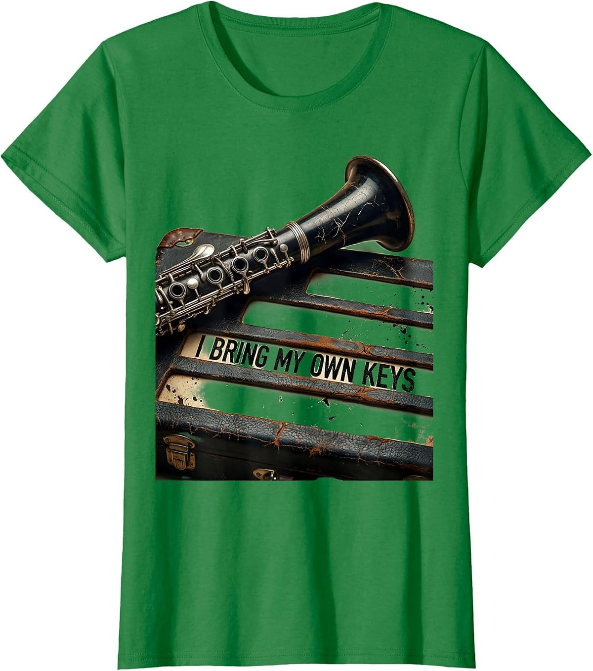 Women's I Bring My Own Keys Distressed Clarinet Musician Humor Band T-Shirt - Kelly Green