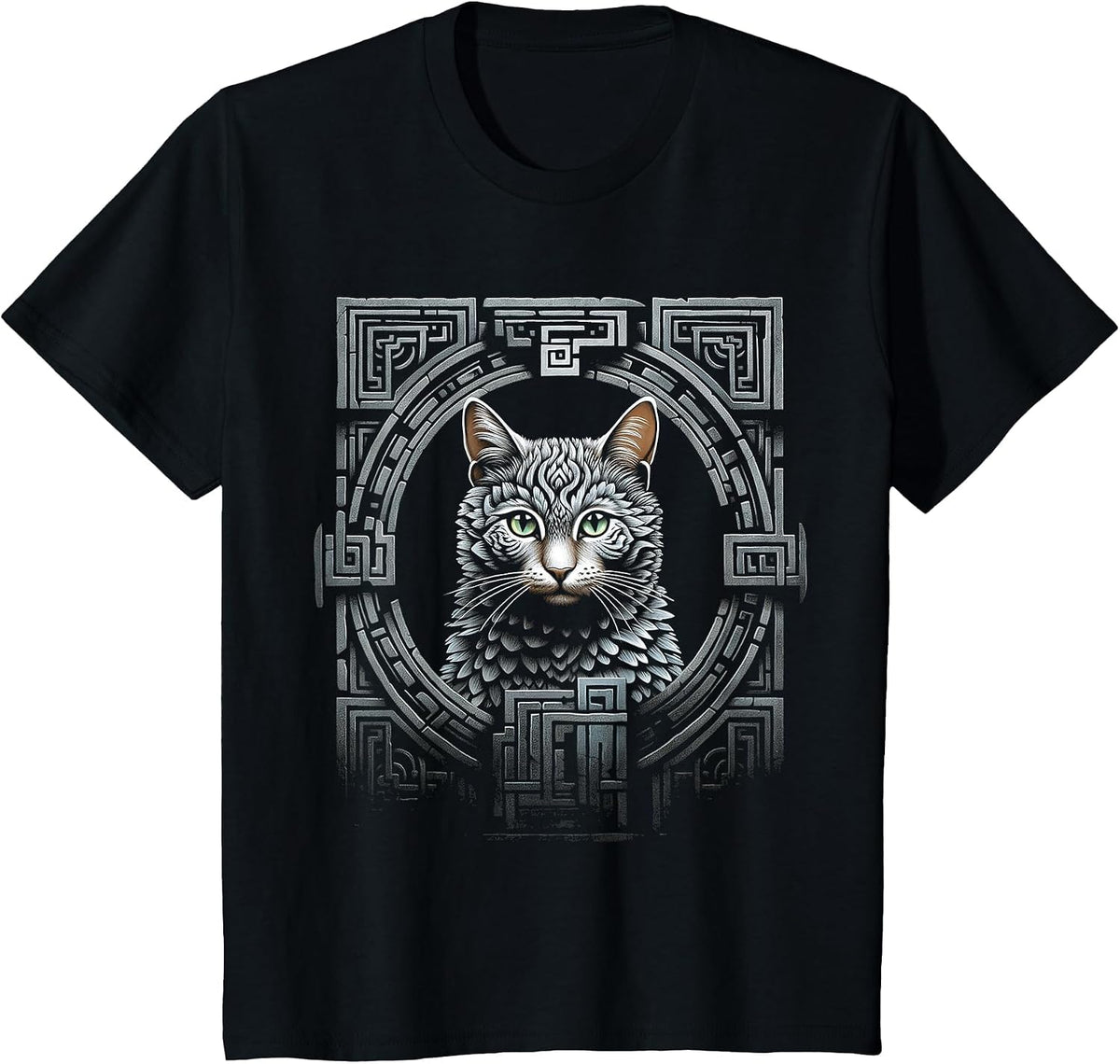 Cat Mandala Motif Pet Illustration Cat T-Shirt - Black
