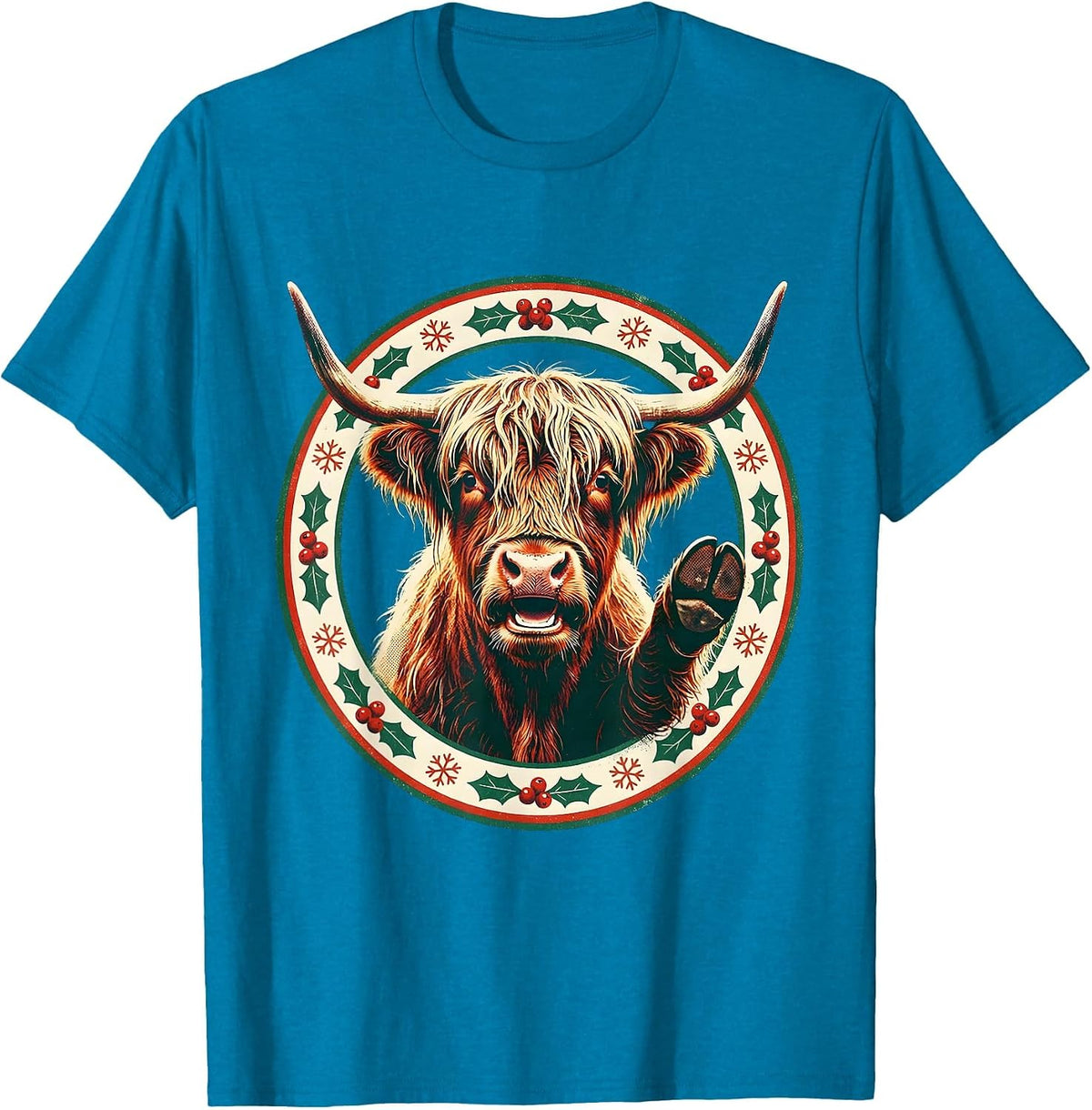 Highland Cow Holiday Badge Christmas Farm Animal Fan T-Shirt - Sapphire Blue