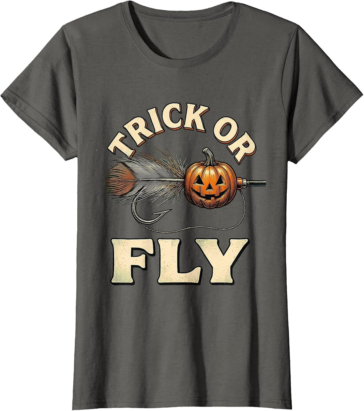 Women's Trick Or Fly Vintage Spooky Halloween Fishing Angler T-Shirt - Asphalt Grey