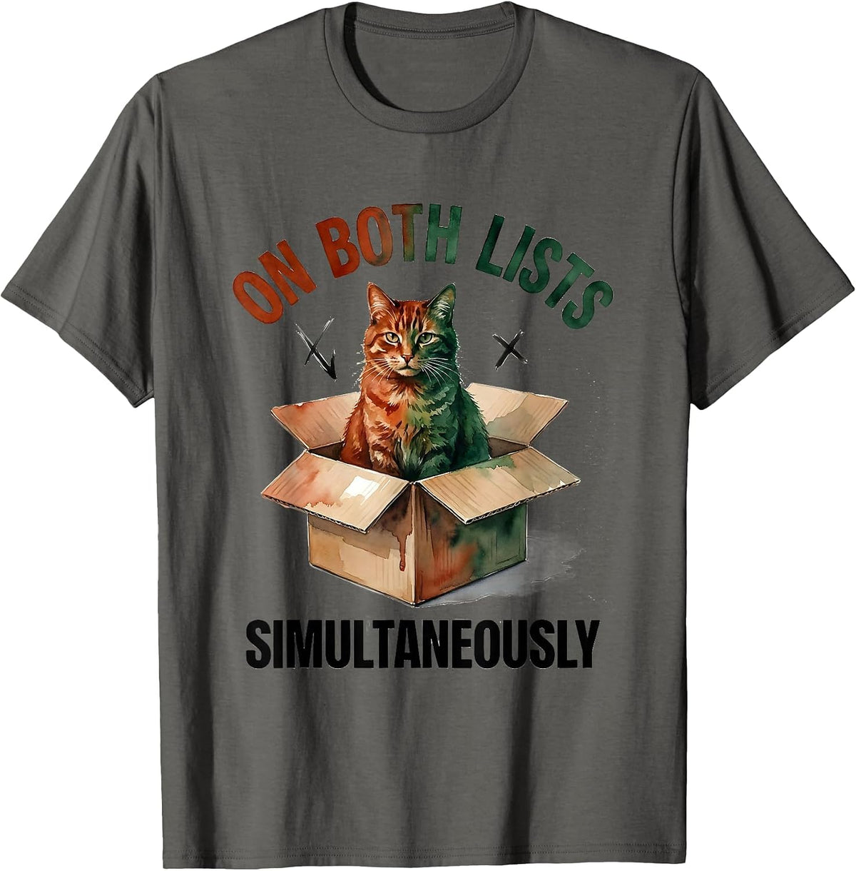 On Both Lists Simultaneously Funny Quantum Physics Cat Lover T-Shirt - Asphalt Grey