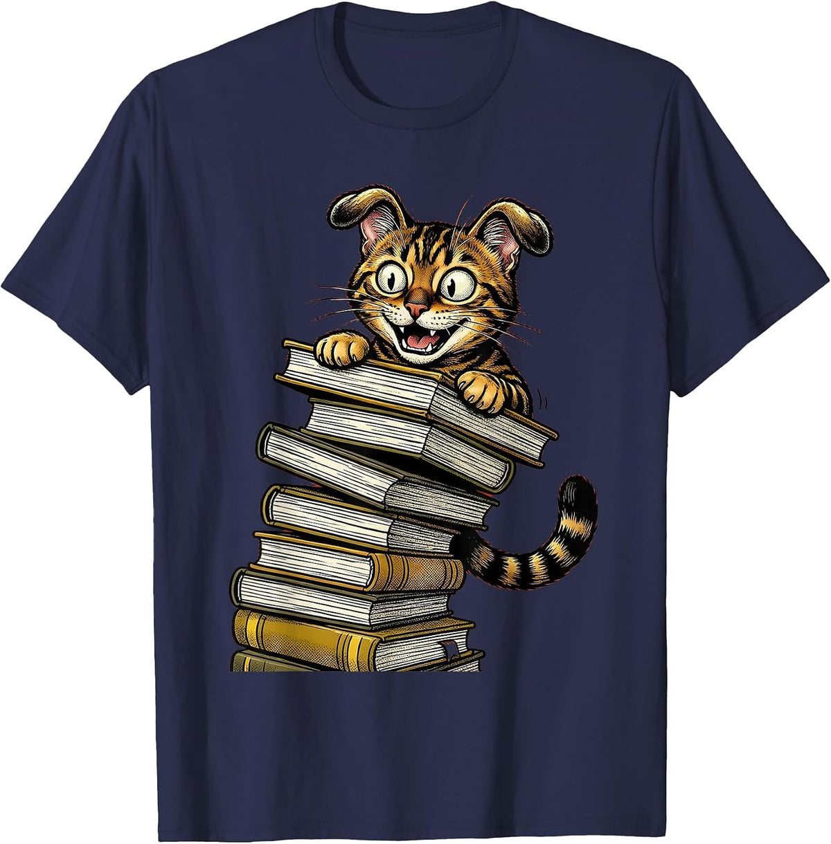 Bengal Cat Peeking Behind Textbooks Back to School T-Shirt - Navy Blue