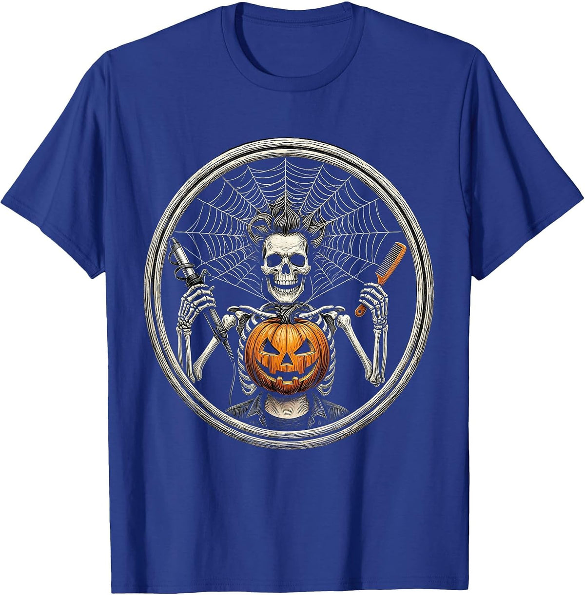 Men's Skeleton Hairstylist Pumpkin Barber Halloween Humor T-Shirt - Royal Blue